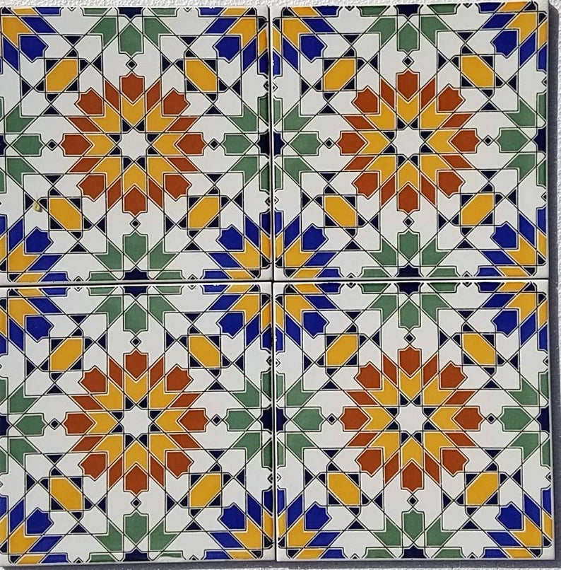 Moroccan Alhambra bathroom tile pack by Justmorocco featuring colorful geometric patterns on ceramic tiles.