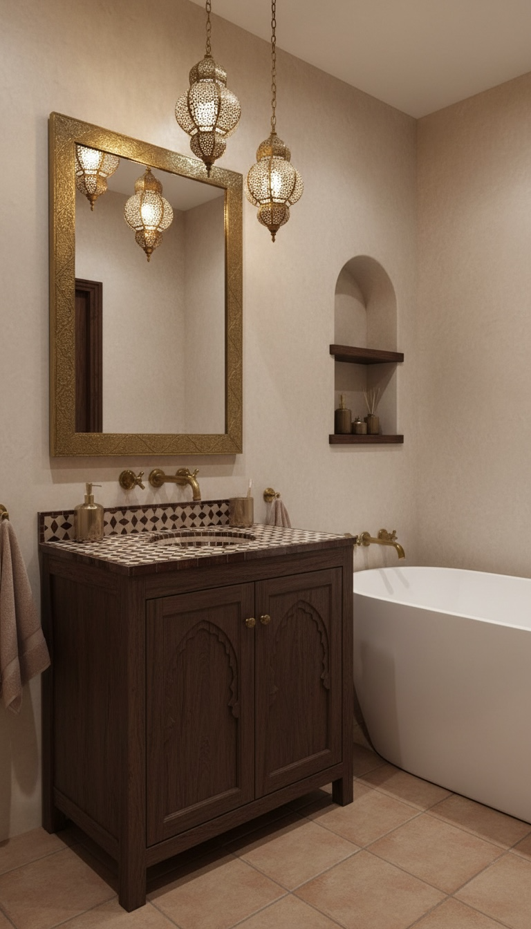 Moroccan Dama sink with intricate tile pattern, featuring blue and white designs, from Justmorocco.