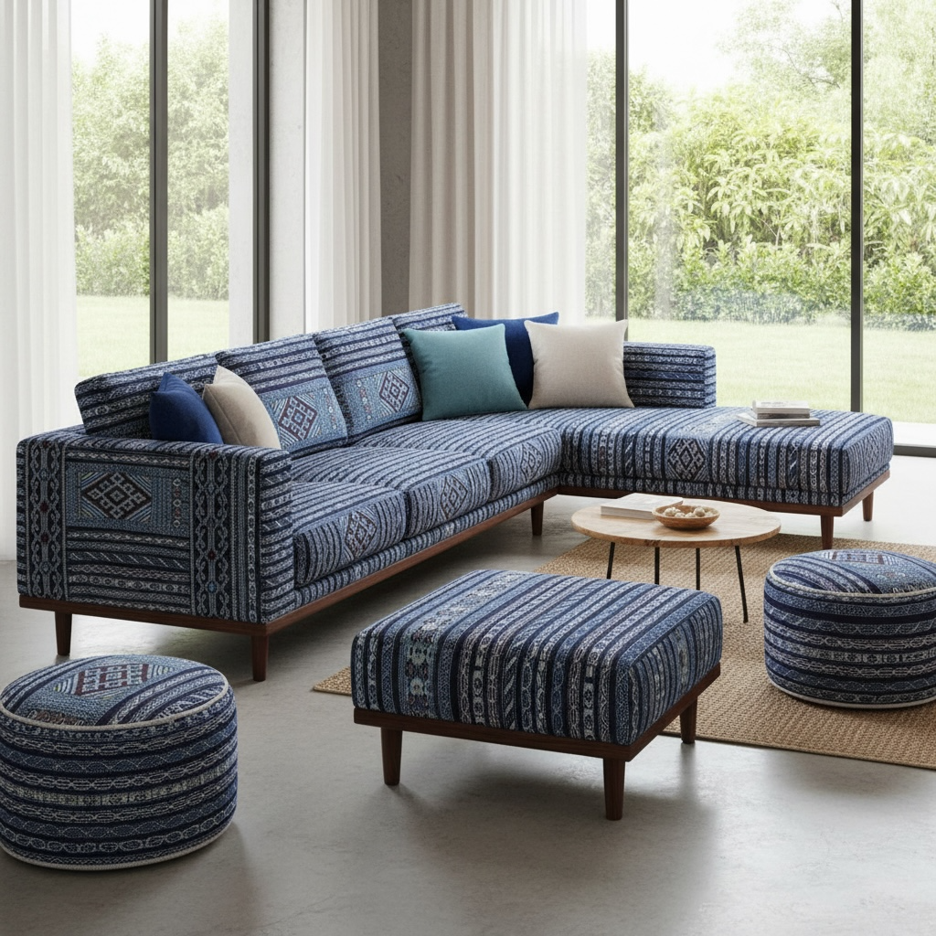 Vintage blue kilim living room set