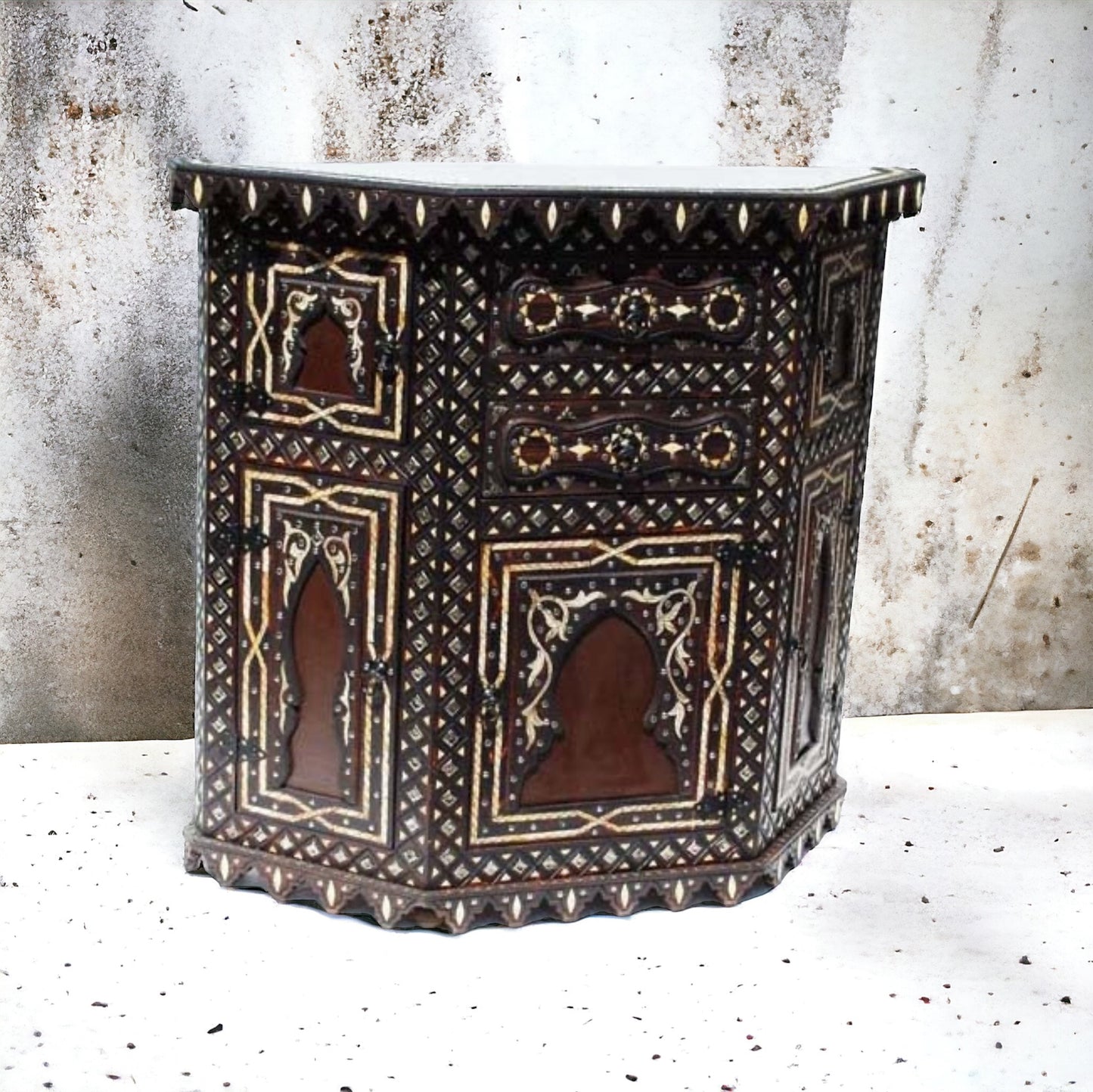 Moroccan Darna bone cabinet by Justmorocco featuring intricate traditional design and natural bone inlay for elegant home decor.