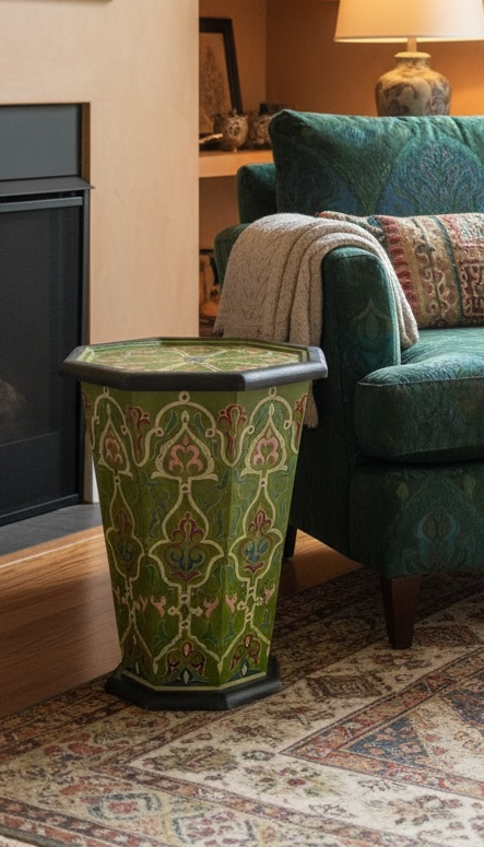 Moroccan Andalusia side table by Justmorocco featuring intricate tile pattern and carved wooden legs, ideal for living room decor.