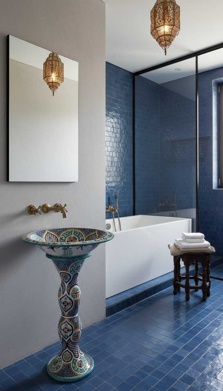 Colorful Moroccan pottery sink with intricate tile patterns, showcasing traditional Moroccan tile craftsmanship by Justmorocco.