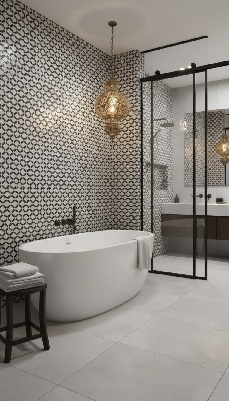 Colorful Demna Tile Moroccan tile by Justmorocco with intricate geometric patterns in vibrant shades on a smooth surface.