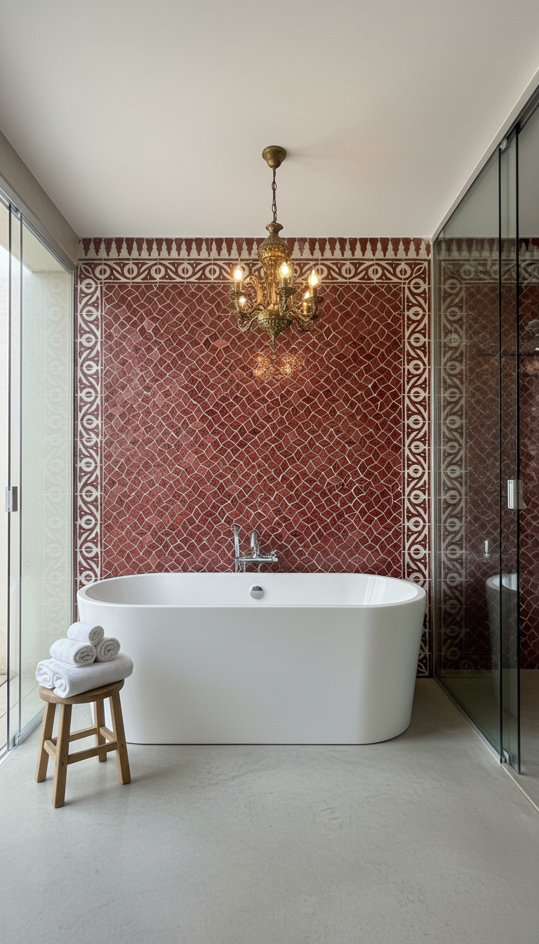 Moroccan Granada red palace tile by Justmorocco featuring intricate geometric patterns and vibrant red color.