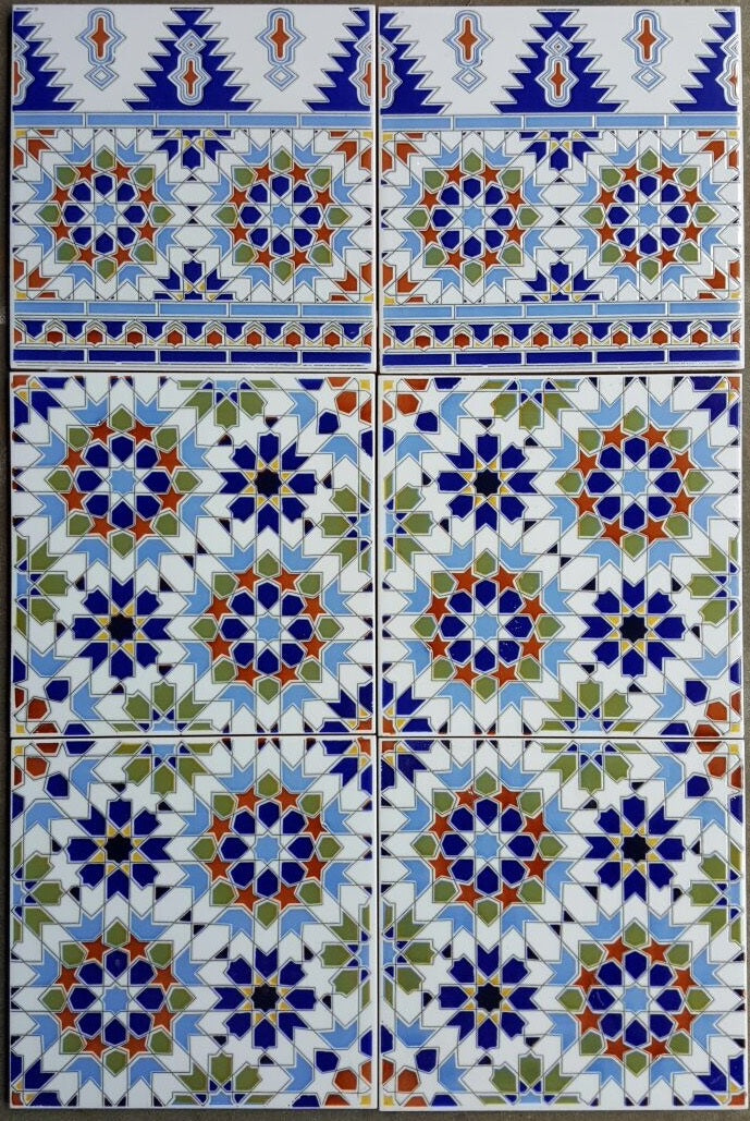Moroccan Casablanca tile featuring intricate Alhambra Moorish design, by Justmorocco, showing vibrant patterns and detailed craftsmanship.