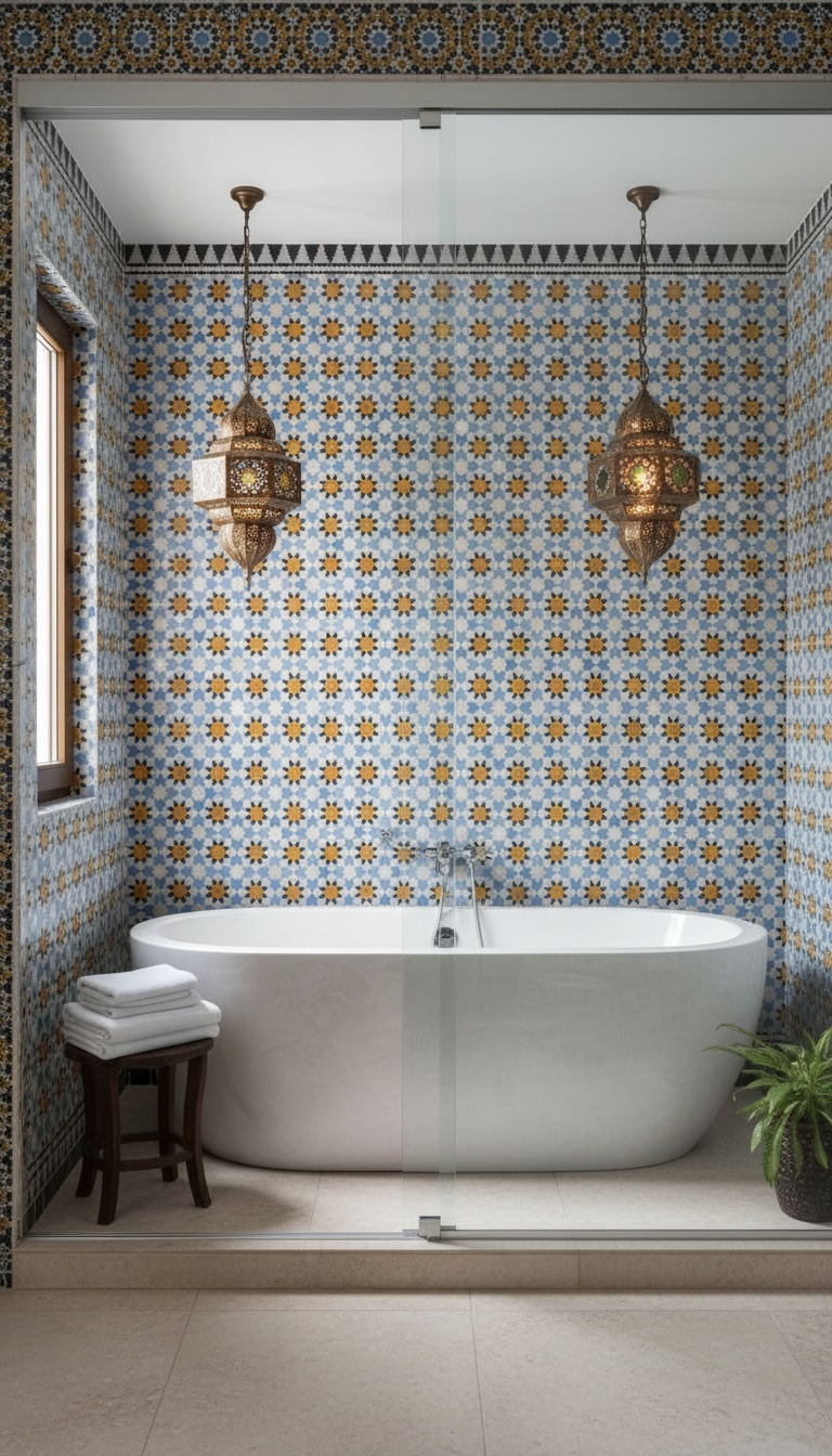 Moroccan Alhambra Moores tile by Justmorocco featuring intricate geometric patterns and vibrant blue and white colors.