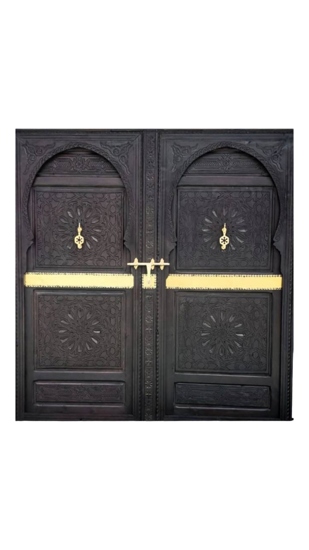 Decorative Alhambra Moorish headboard by Justmorocco featuring intricate geometric patterns in dark wood.