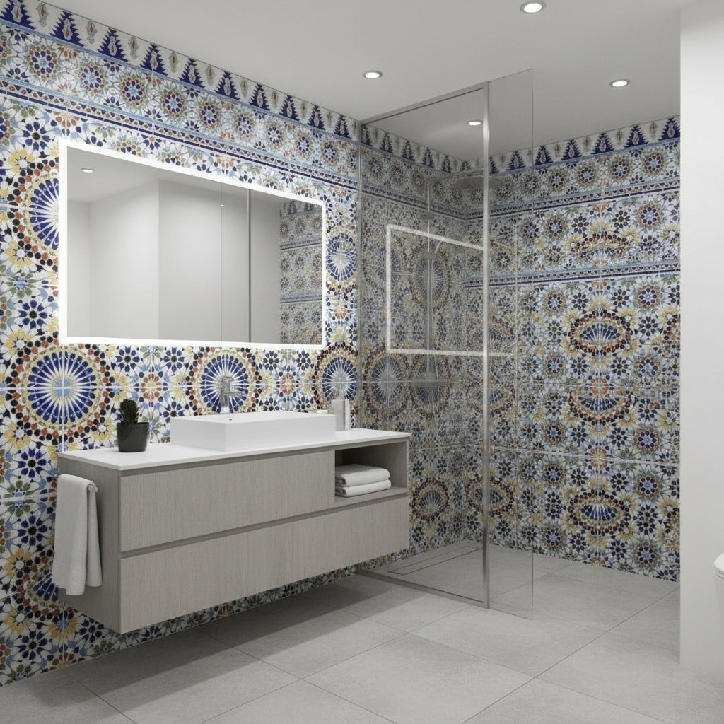 Moroccan Tangier tile by Justmorocco featuring intricate geometric patterns in vibrant colors for decorative wall or floor use.