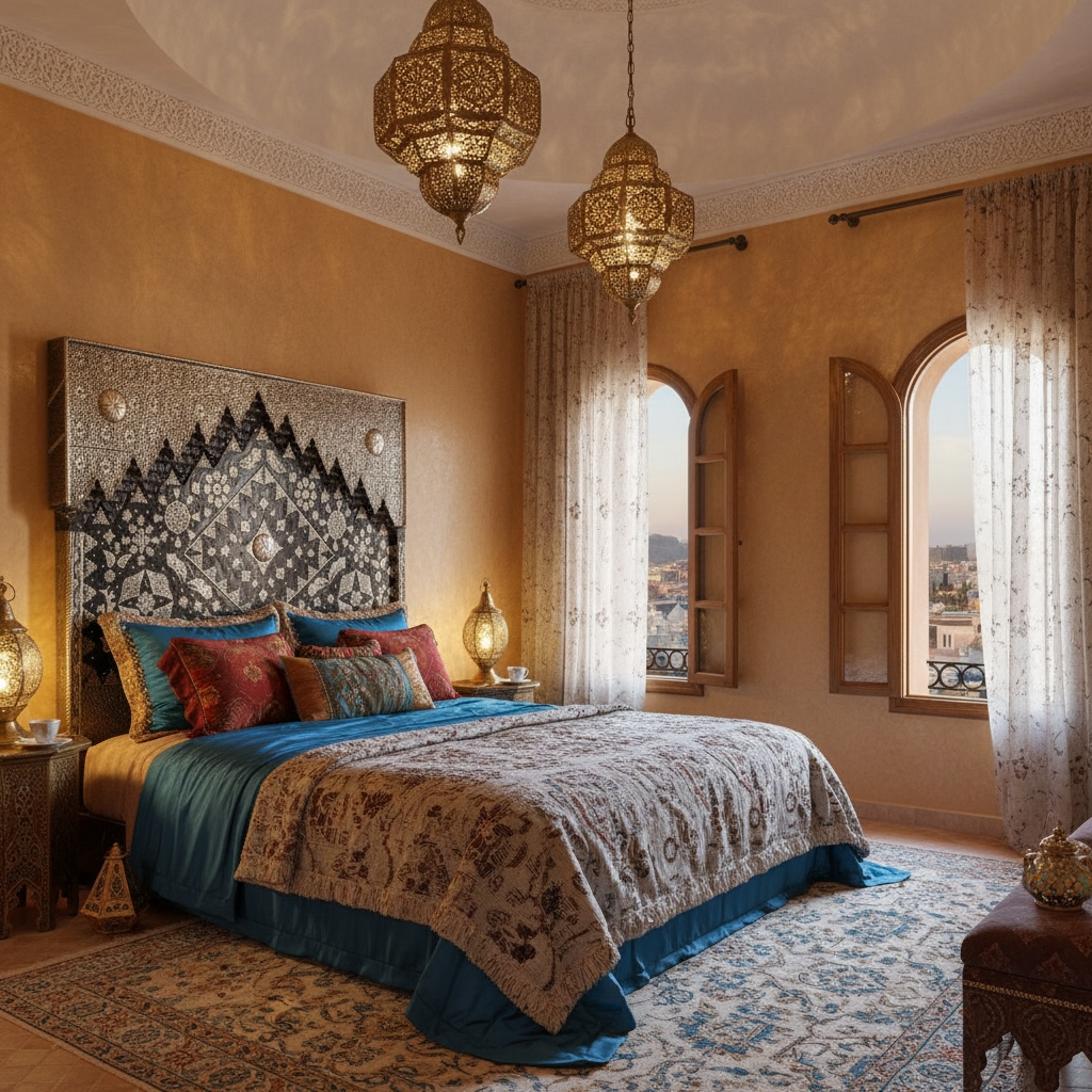 Luxurious bedroom with ornate headboard, patterned bedding, and decorative lanterns.