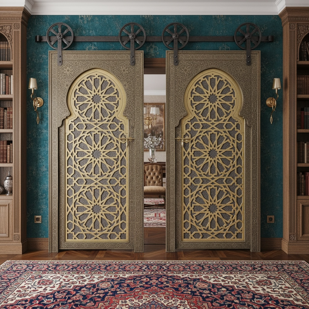 Decorative Moroccan sliding doors with intricate patterns in a room with bookshelves and a patterned rug.