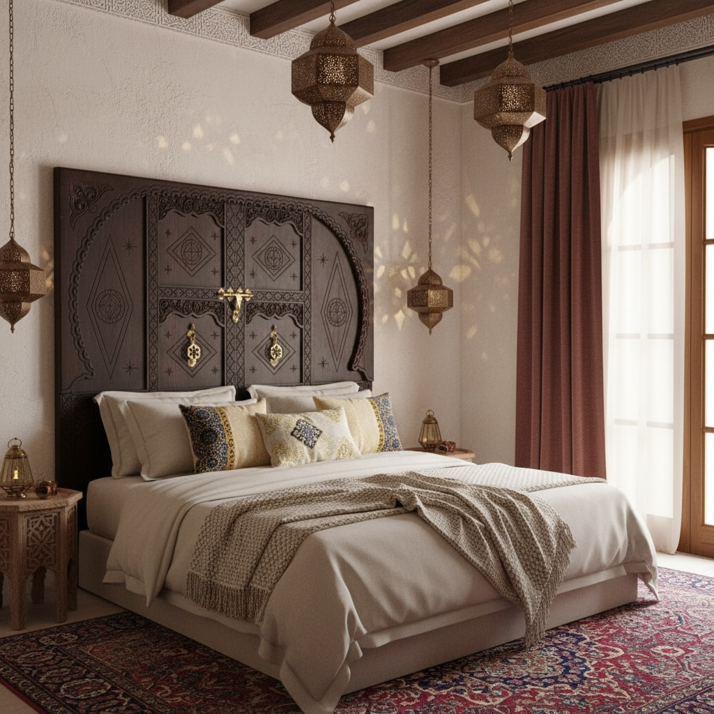 Decorative bedroom with ornate headboard, lanterns, and patterned rug.