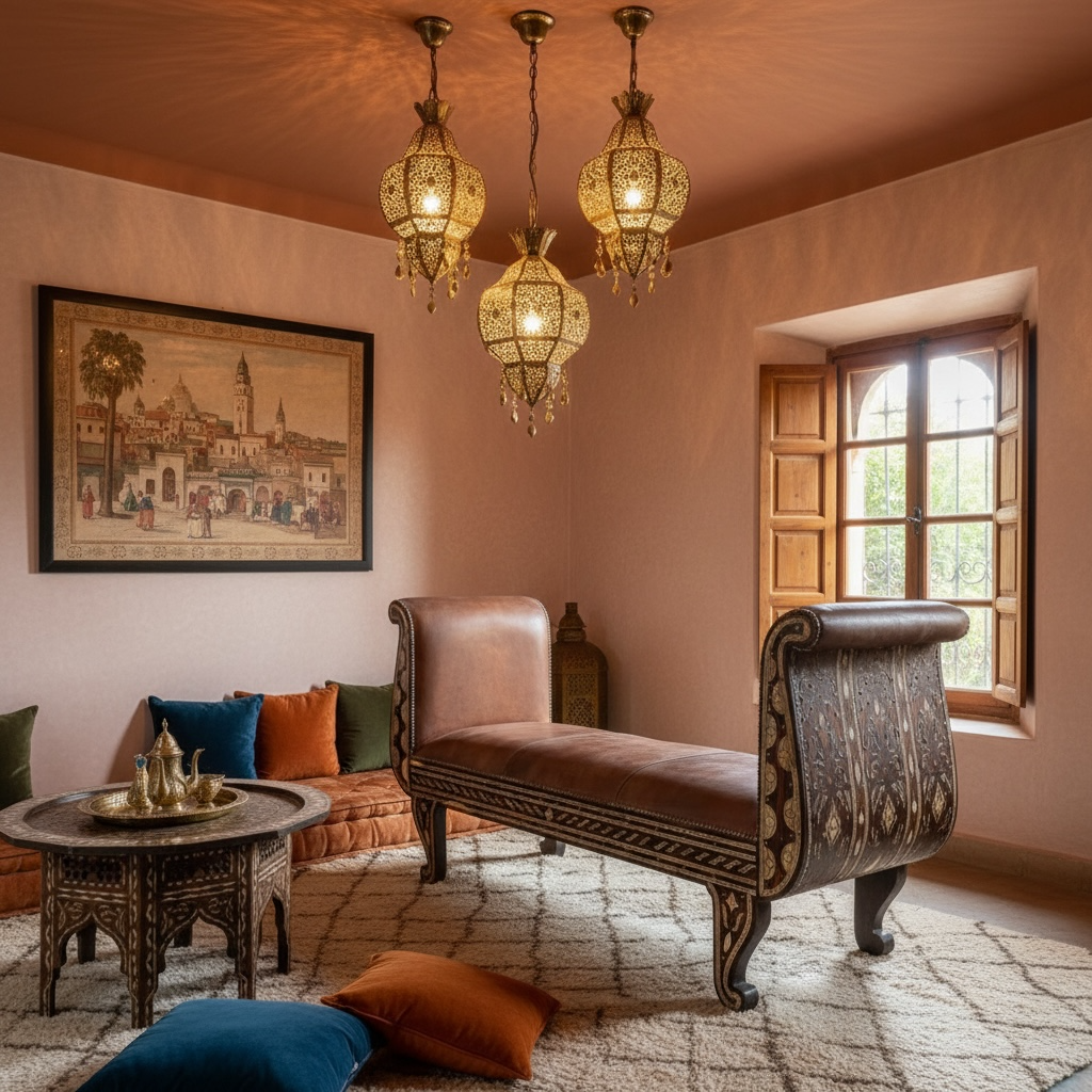 Decorative living room with ornate chaise lounge, table, and wall art.