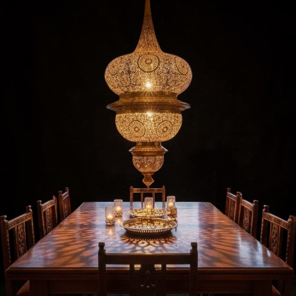 Ornate Moroccan brass chandelier from Justmorocco, large decorative lantern with intricate metalwork and traditional design.