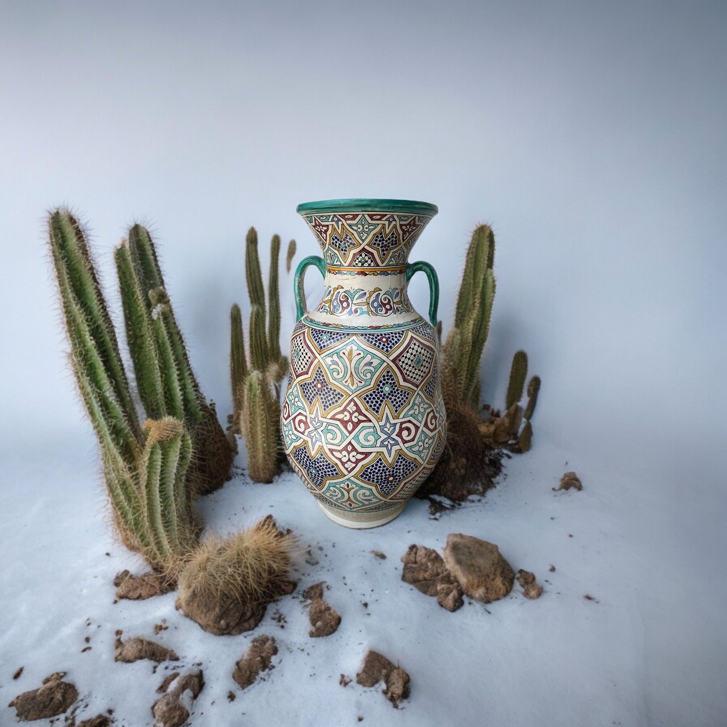 Antique Andalusia Fez urn by Justmorocco, traditional Moroccan pottery with intricate designs and a rounded shape.