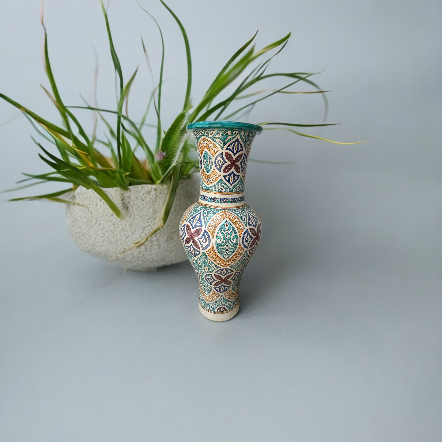 Antique Fez Moors pottery vase with intricate patterns, crafted by Justmorocco, showcasing traditional Moroccan ceramic art.