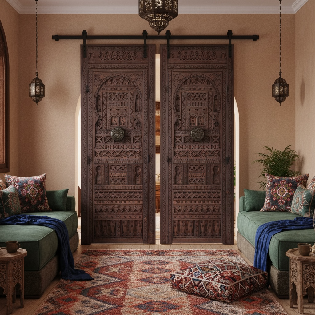 Decorative wooden sliding African doors in a room with green sofas and patterned rug.