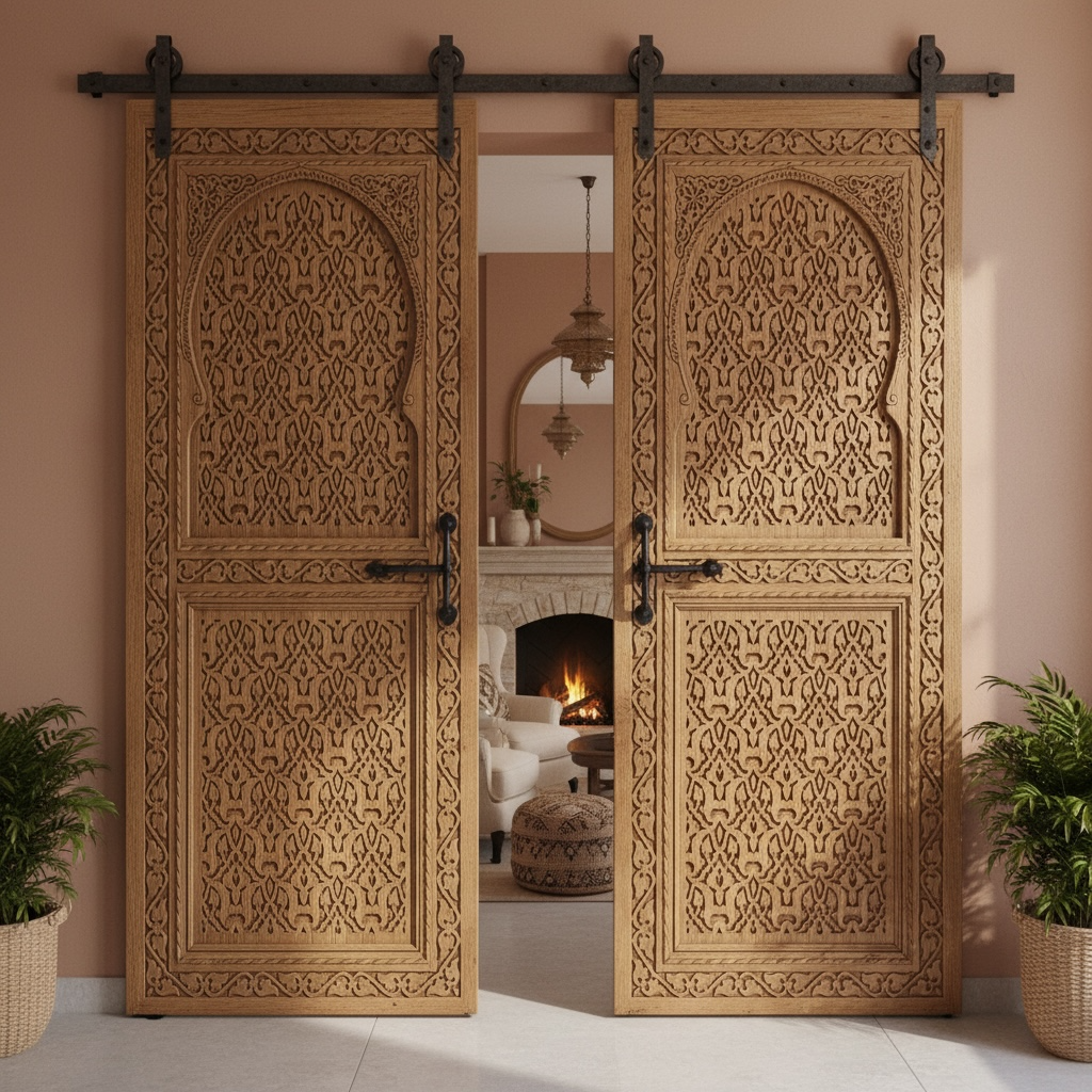 Decorative wooden sliding moorish doors with intricate patterns in a room with plants and a fireplace.