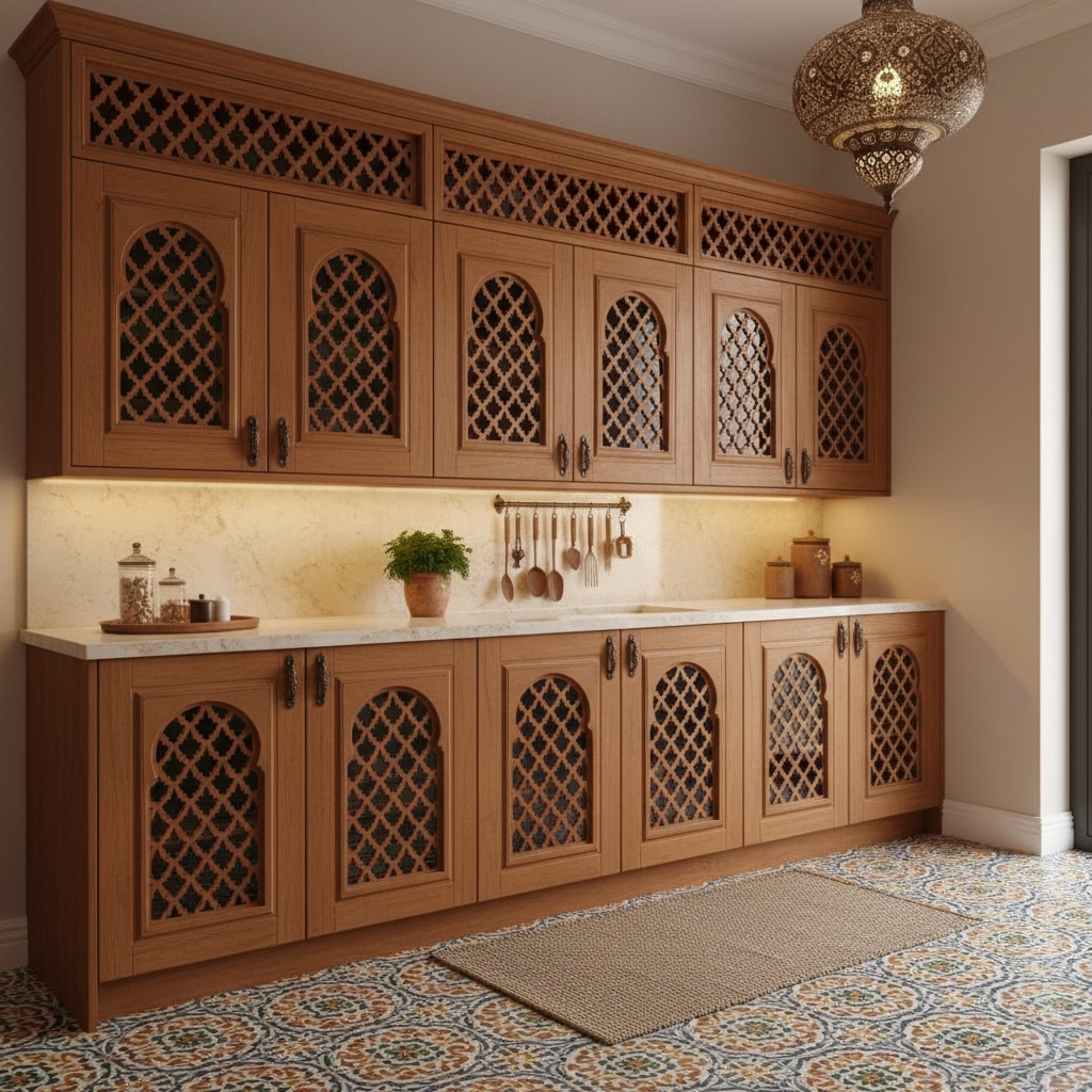 Moroccan Wooden kitchen cabinets with decorative latticework in a well-lit room.