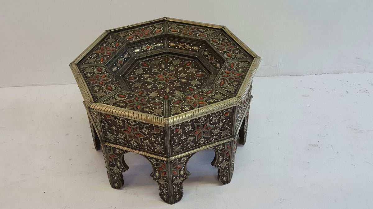 Vintage Moroccan Camel Bone Inlaid Table with Silver Accents