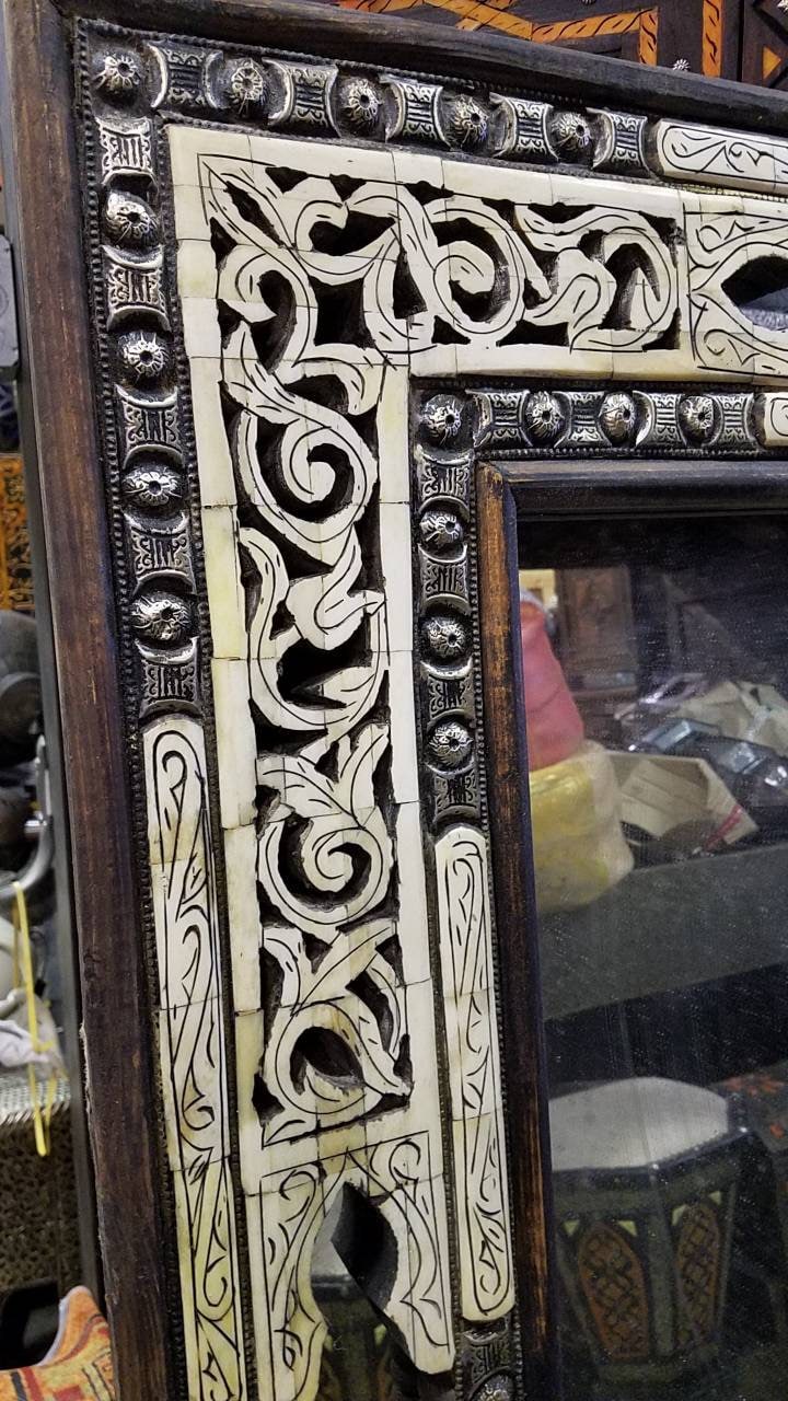 Moroccan Camel Bone Inlay Mirror, Moorish Design, Handcrafted Wood Frame (62.5 x 46.5)