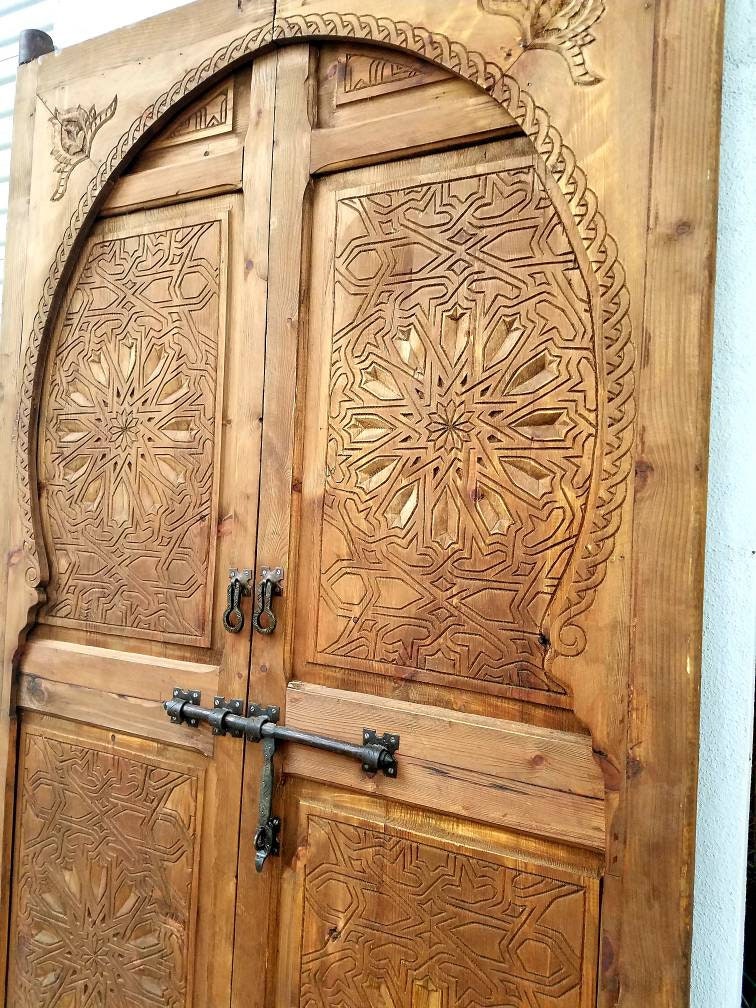 Hand-Carved Cedar Moorish Double Door: Moroccan Wood Panel Entryway Decoration