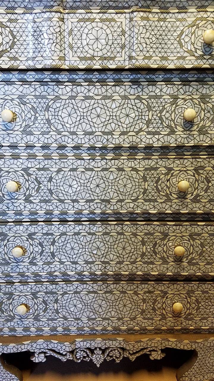 Inlaid Mother of Pearl Dresser, Moroccan Bone Chest of Drawers, Syrian Handcraft (55x45x23)
