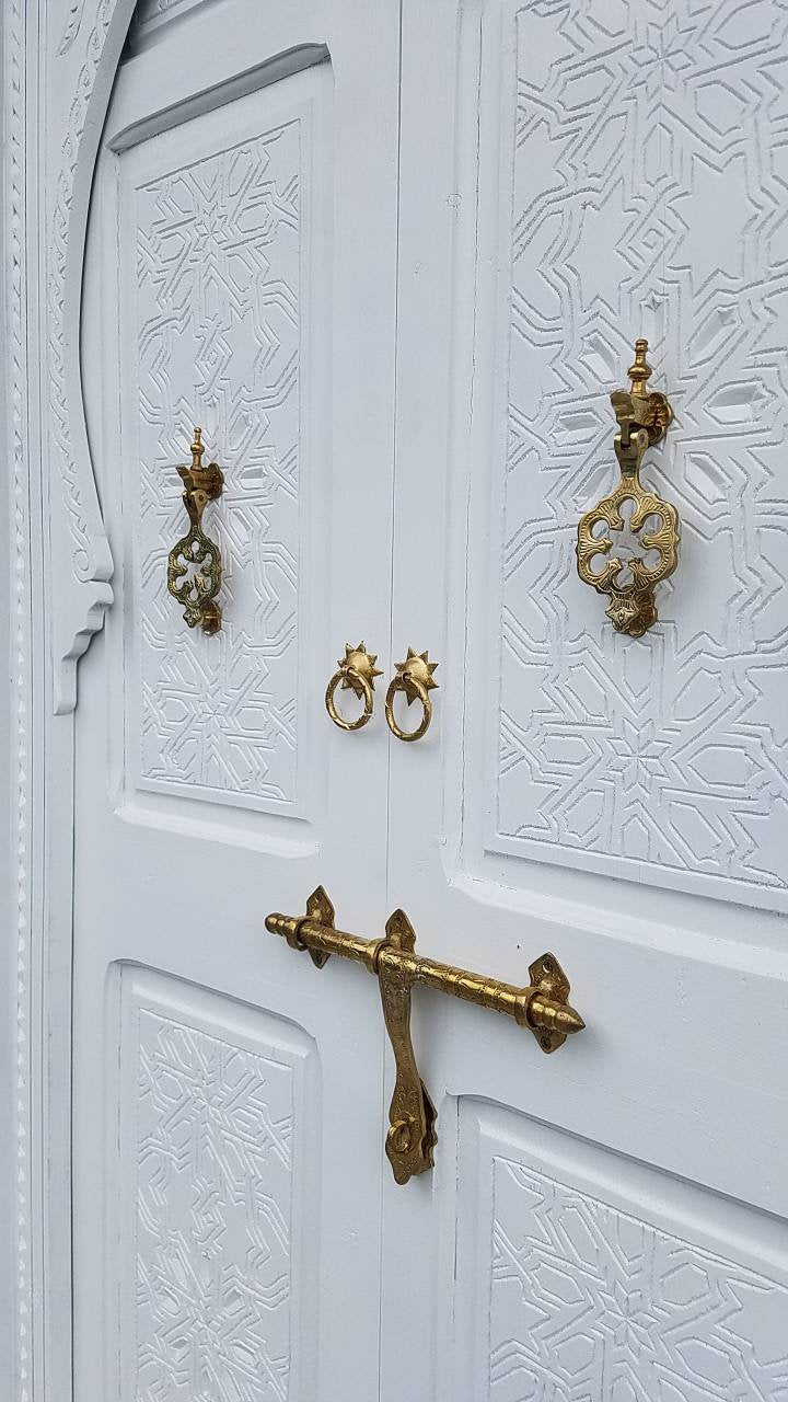 Vintage Carved Cedar Double Door: White Moorish Style, Brass Hardware (84x45")