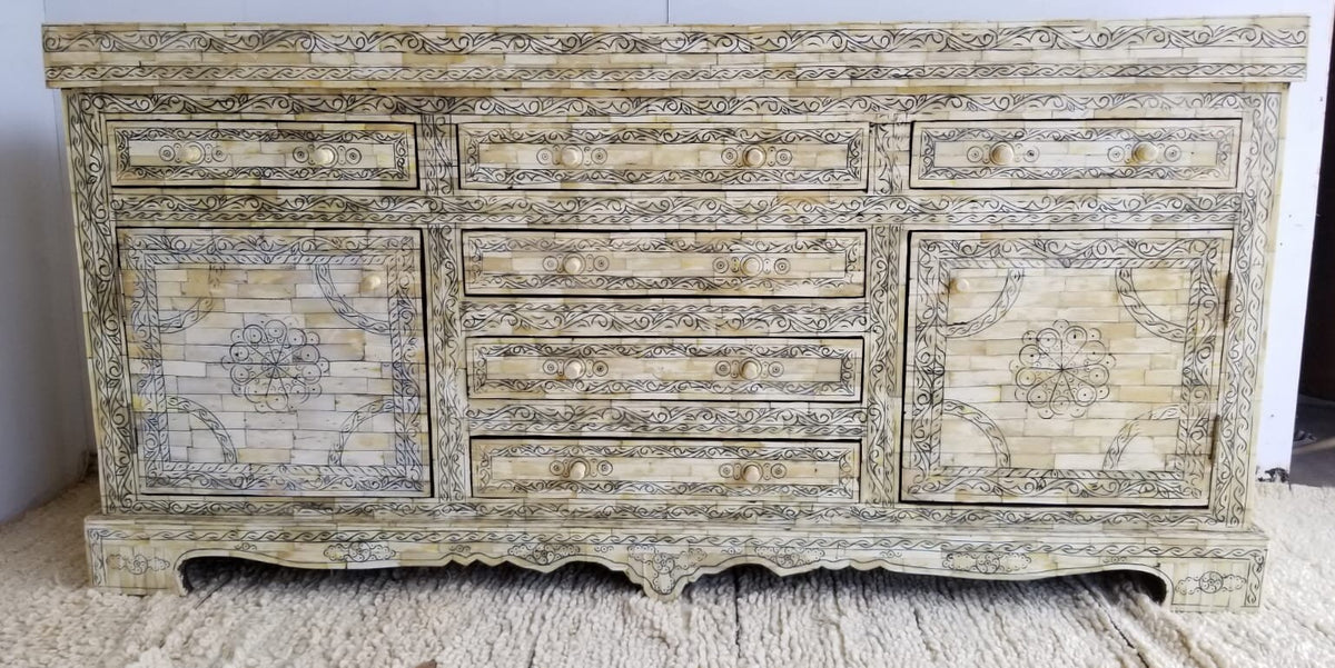 Vintage Moroccan Camel Bone Inlay Cabinet, Handcrafted Berber Chest