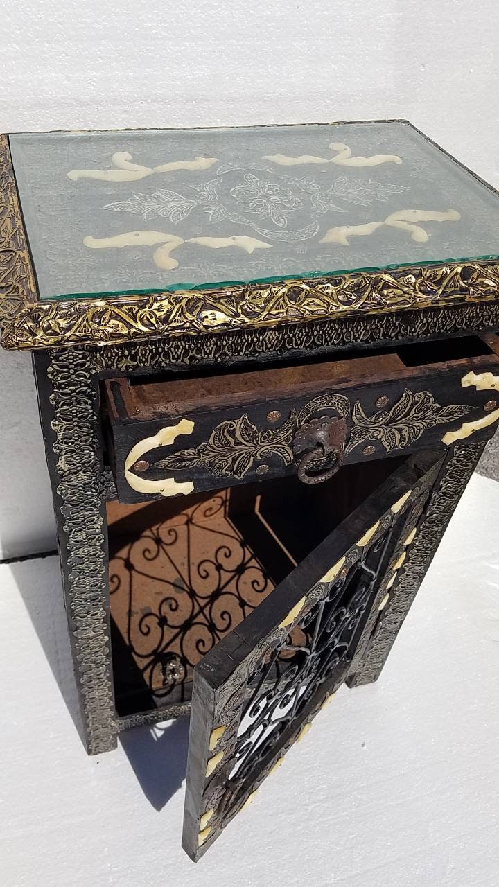 Moroccan Nightstand: Camel Bone, Silver Metal, Wrought Iron Door