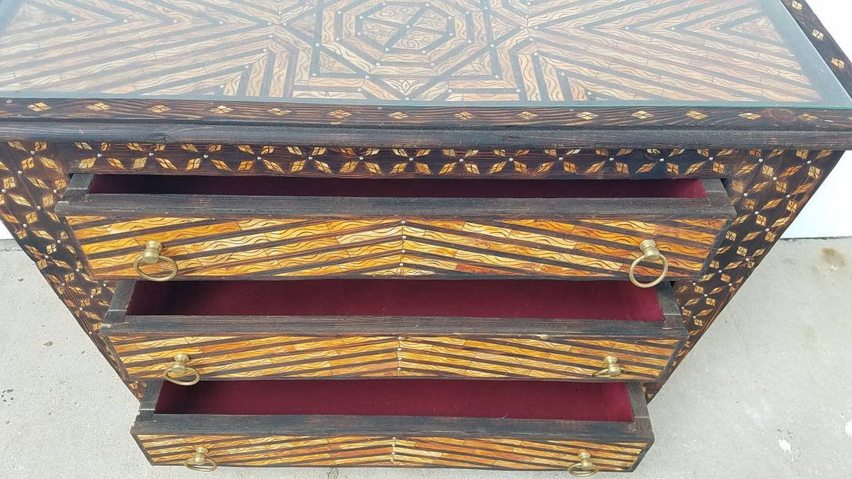 Inlaid Camel Bone Moroccan Dresser, Vintage Moorish Cabinet