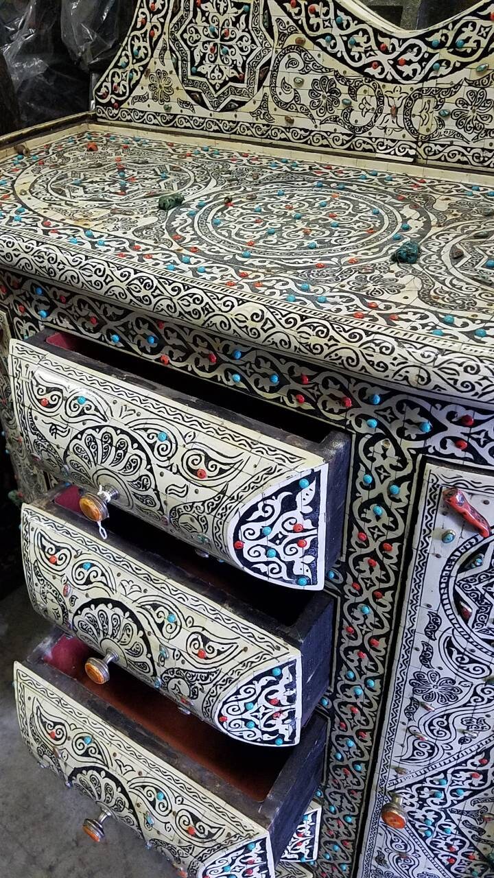Vintage Moroccan Bone Inlay Vanity, Semi-Precious Stone Cabinet with Mirror