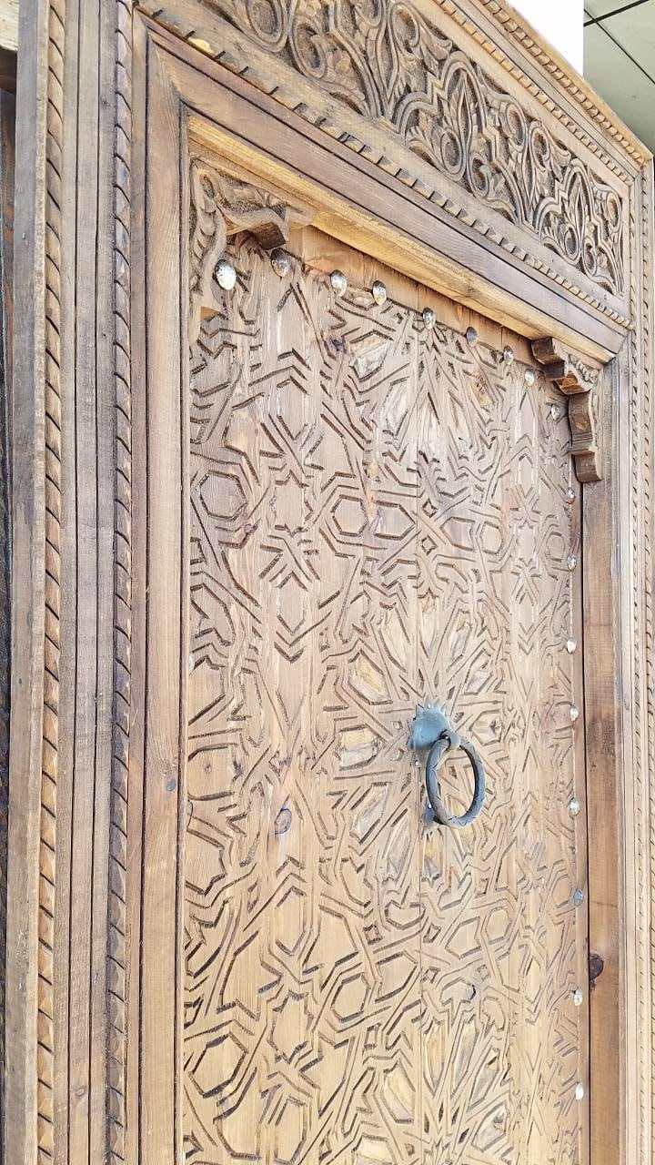 Handmade Vintage Moroccan Cedar Door, Geometric Carving, Metal Knocker (89x41)