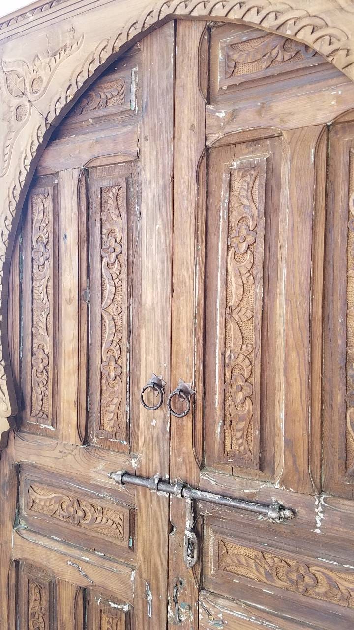 Handmade Vintage Moroccan Carved Wood Door Panels (78x40)