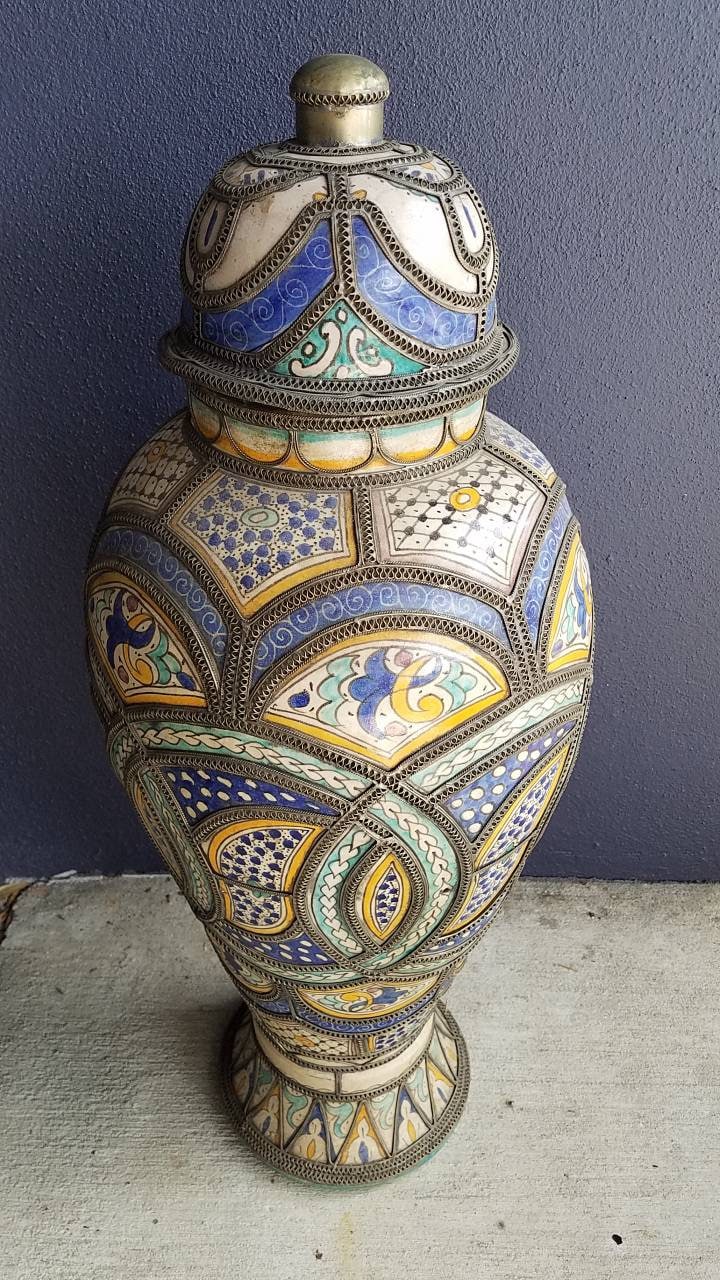 Antique Fez Clay Urn, Embossed Brass Wirework Overlay, Hand-Painted Glazed Panels