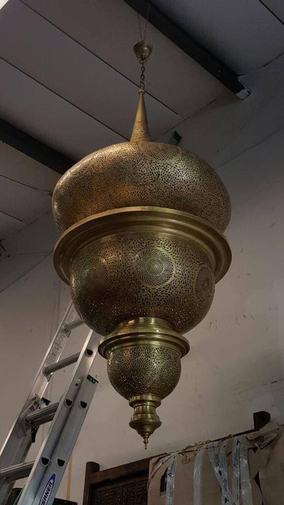 Extra Large Vintage Moroccan Brass Chandelier, Handmade Moorish Pendant Light