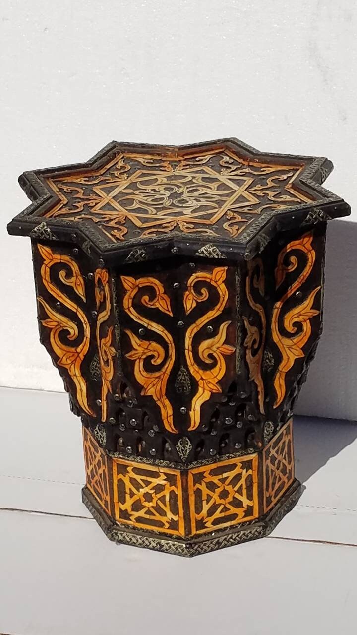 Handmade Moroccan Star Bone Inlay Table, Vintage Accent Furniture