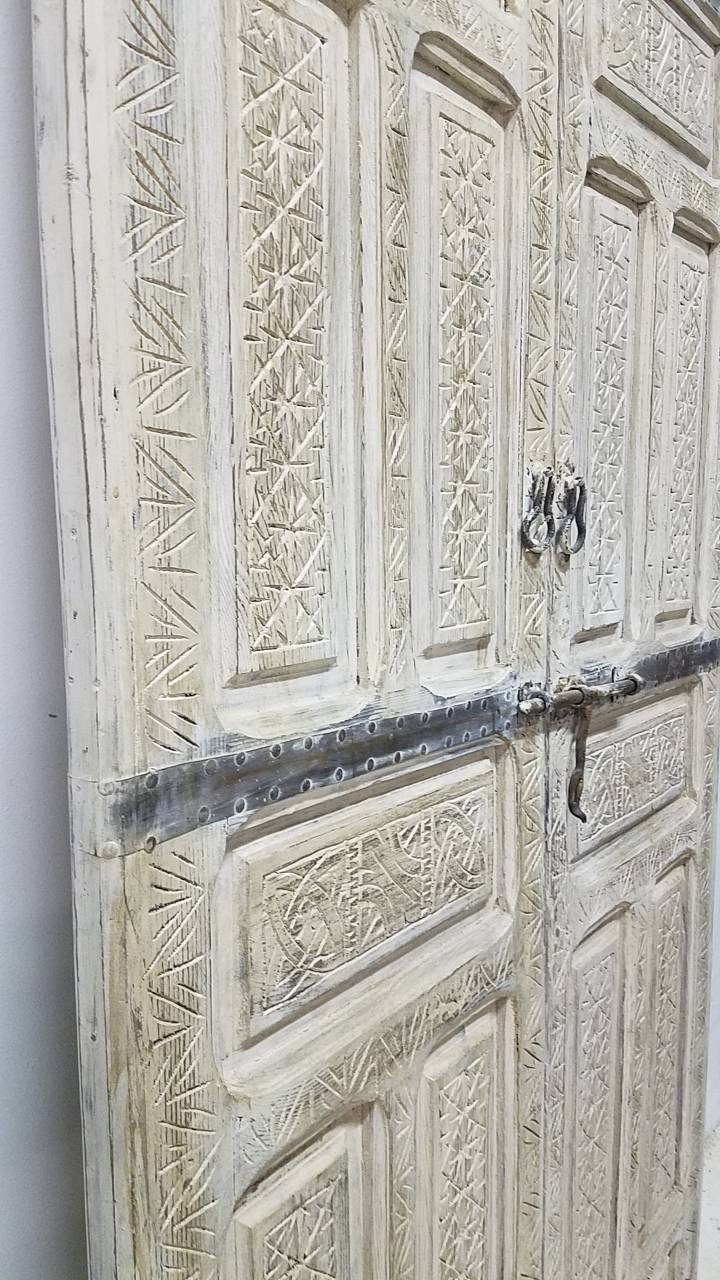 Handmade Vintage Moroccan Carved Double Door, White Cedar Wood (80.5x44.5)