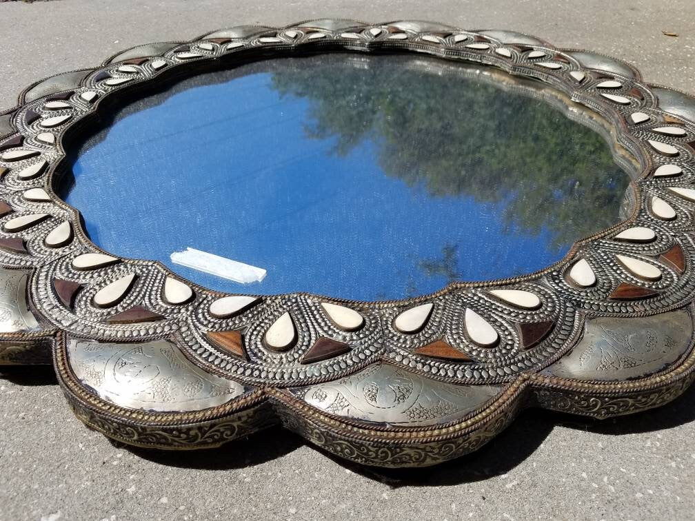 Moroccan Bone Inlay Mirror, 29" Round, Middle Eastern Decor