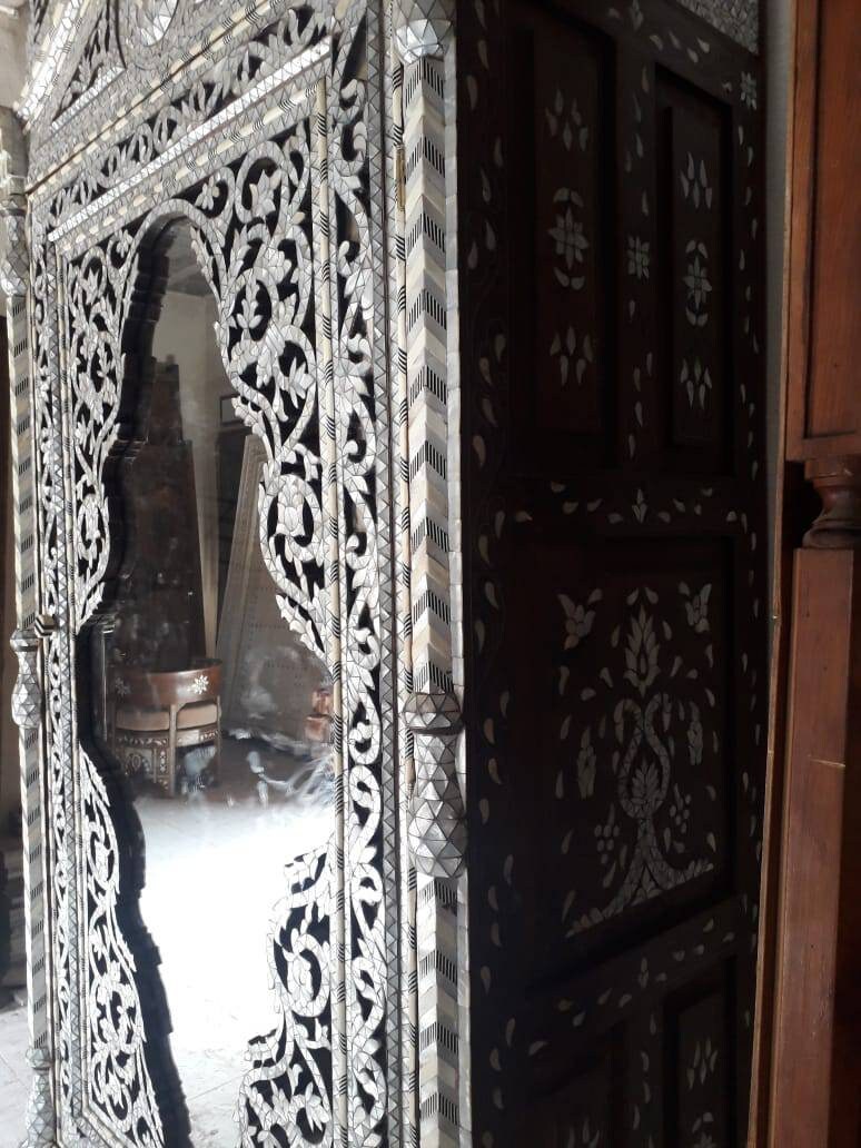 Handmade Syrian Armoire, White Mother of Pearl Inlay, Moroccan Bone Decor