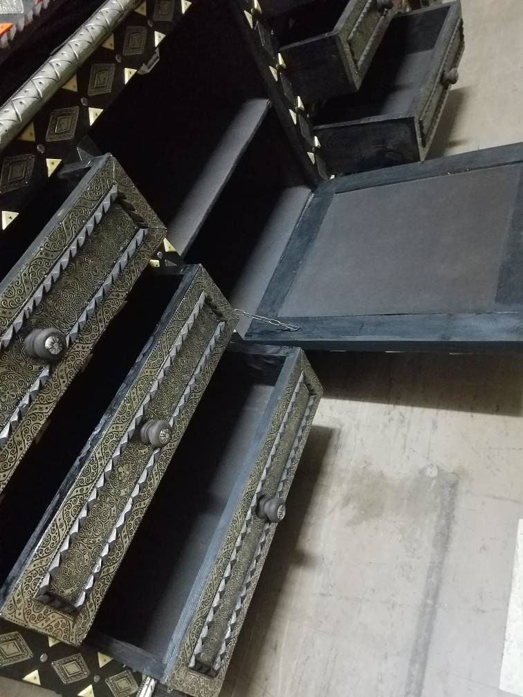 Handmade Moroccan Silver Metal Cabinet: Bone Inlay Buffet Furniture