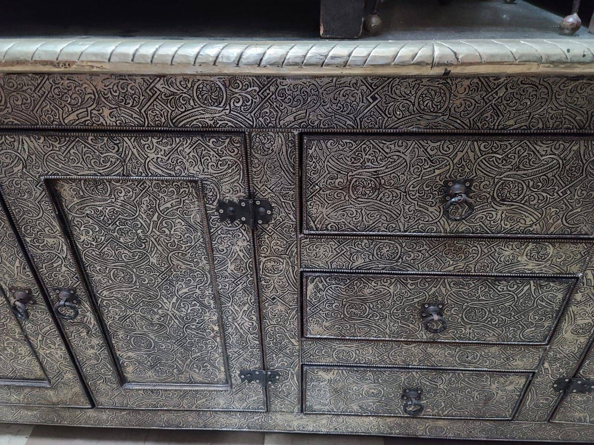 Handmade Silver Metal Cabinet: Moroccan Dresser, Door Panels (72" Long)