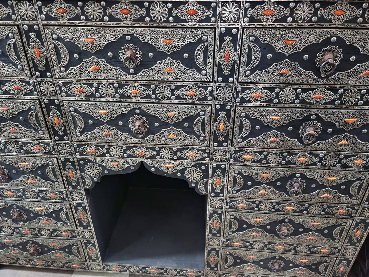 Handmade Moroccan Silver Metal 10-Drawer Cabinet: Ethnic Wood Buffet