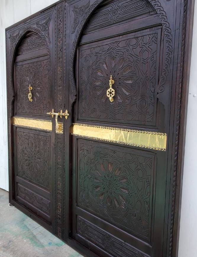 Handmade King Headboard Bed: Moroccan Carved Cedar Doors, Brass Knockers