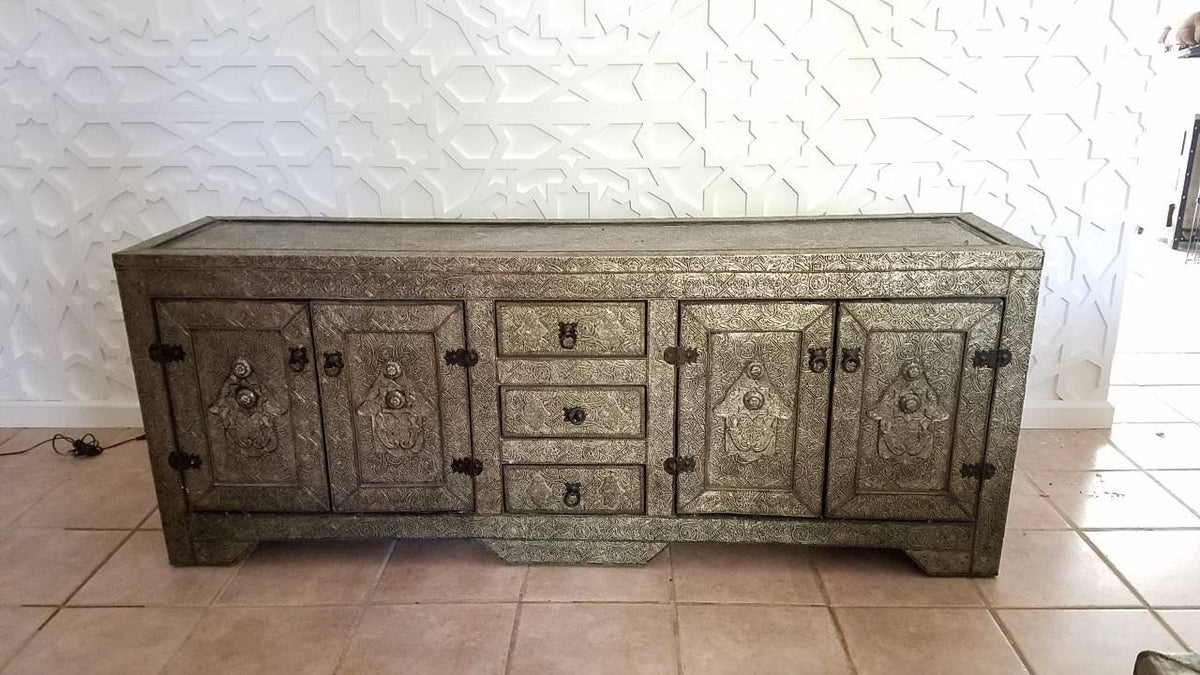 Handmade Moroccan Silver Metal Cabinet: 72" Media Console, Buffet Furniture