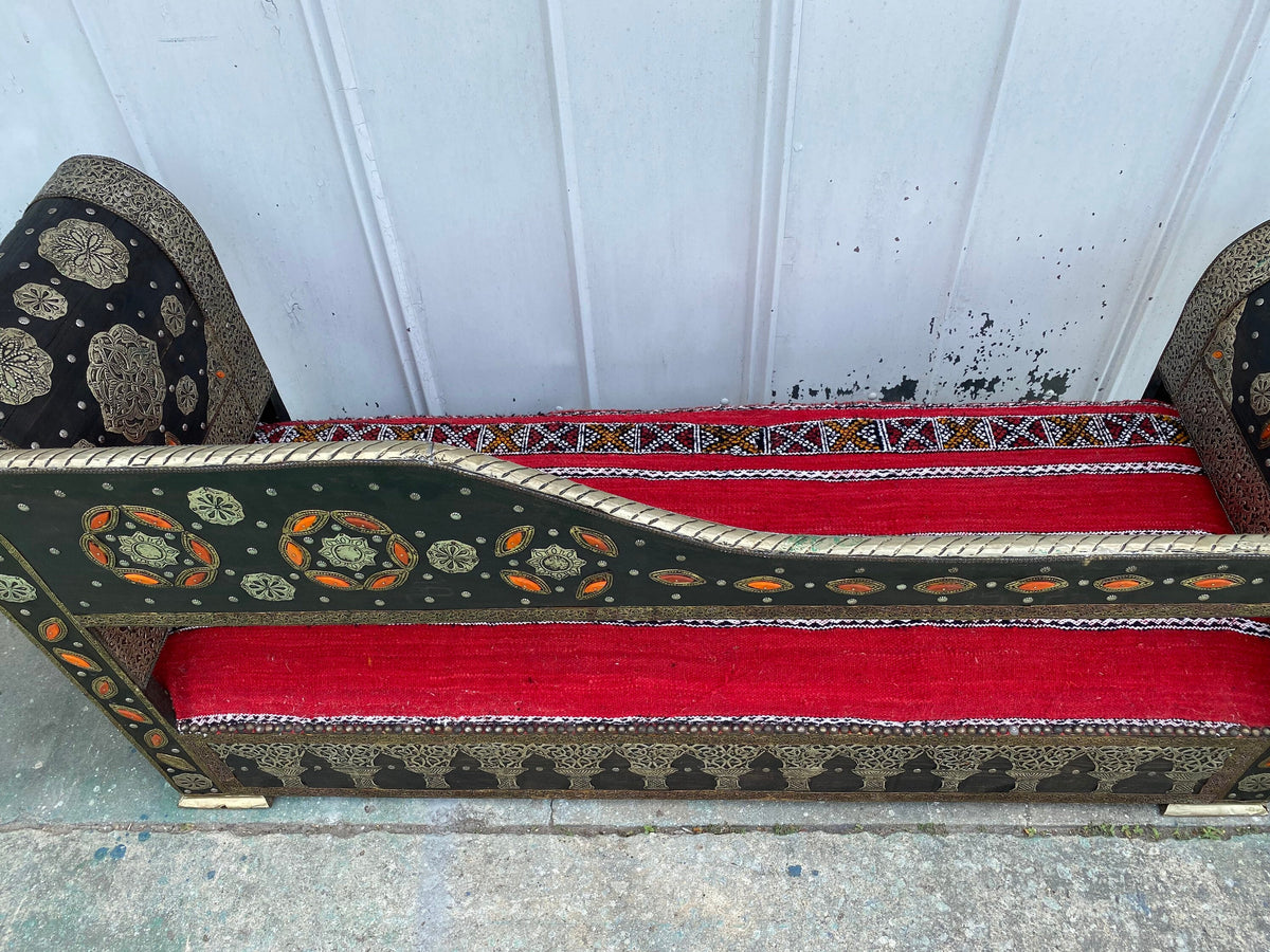 Handmade Moroccan Kilim Rug Bench, Silver Metal Inlay, Upholstered Sofa