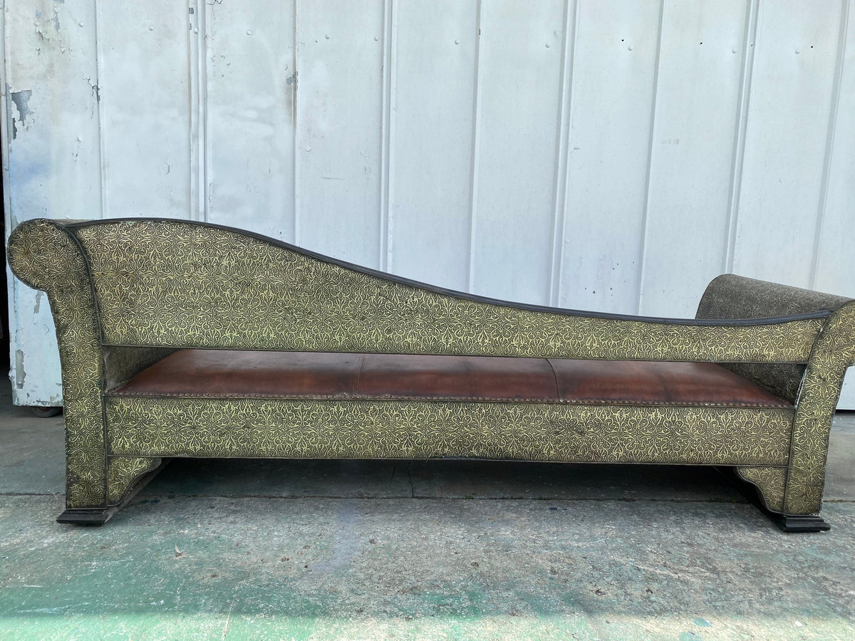 Handmade Moroccan Leather Bench, Silver Metal Inlay, One-of-a-Kind