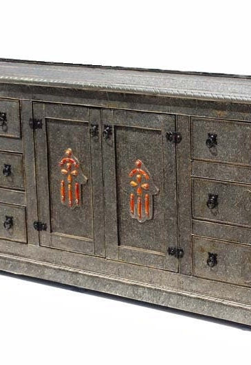 Handmade Moroccan Silver Metal Cabinet: Hamsa Hand Dresser, Solid Wood