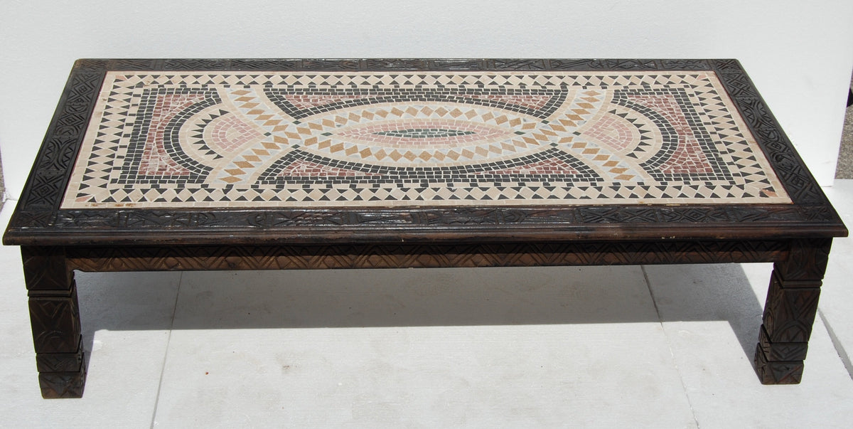 Vintage Moroccan Marble Mosaic Table, Phoenician Style, Cedar Carved
