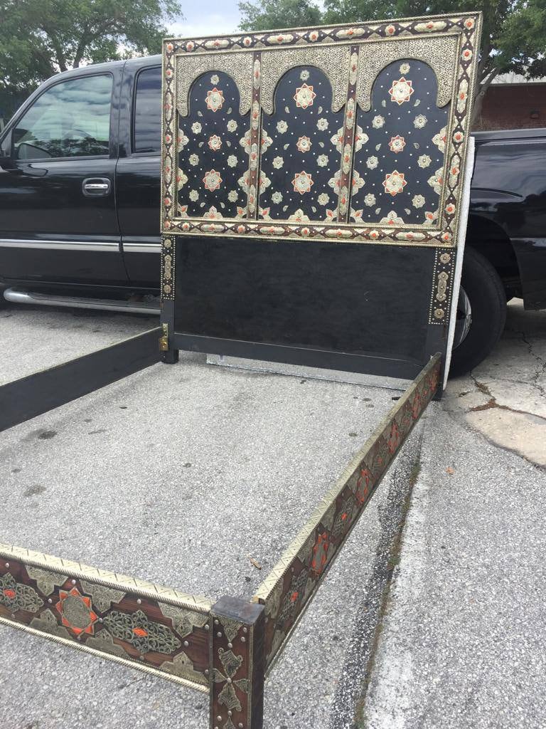 Vintage Silver Inlaid Camel Bone Headboard: Moroccan Sultan Bed
