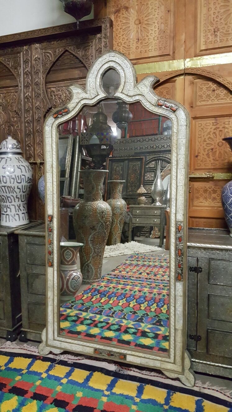 Vintage Moroccan Inlay Mirror: Handmade Camel Bone & Berber Design, 75.5"